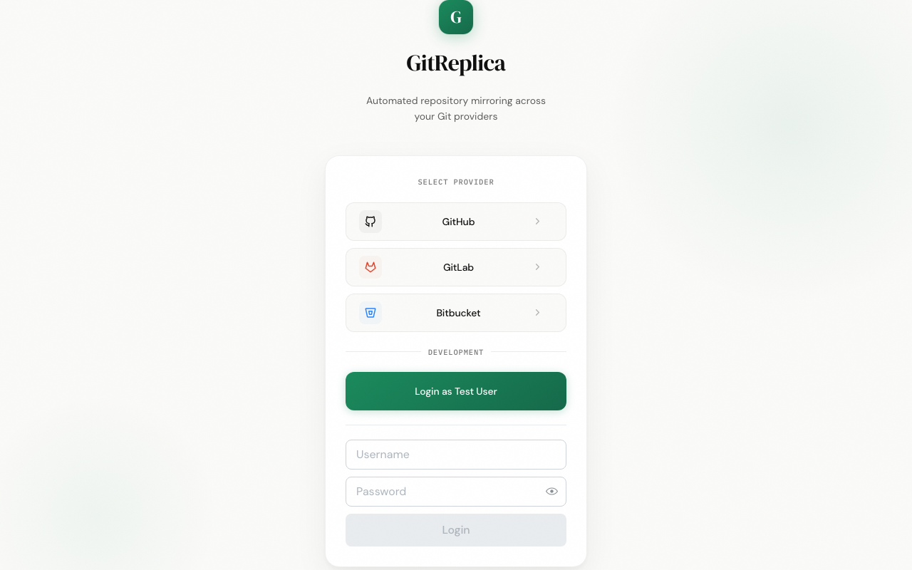 GitReplica web sign-in with GitHub, GitLab, and Bitbucket options